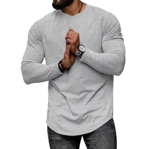 Men's light grey long sleeve t-shirt with crew neck and casual slim fit cotton style