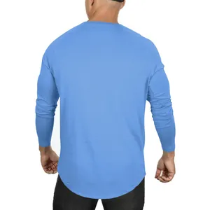 Back view of a men's casual light blue long-sleeve T-shirt with curved hem detail.