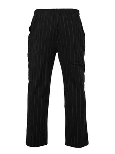 Vue de face du pantalon en lin noir pour homme avec fines rayures et cordon de serrage élastique