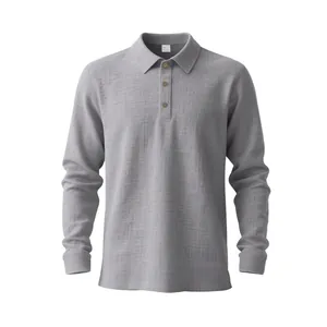 Detailed macro view of grey linen blend long sleeve polo shirt texture and buttons