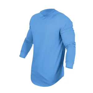 Men's light blue long sleeve crew neck casual T-shirt with a stylish curved hem design