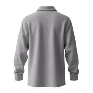 Detailed back view of a grey breathable linen long-sleeve polo shirt with textured fabric