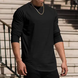 Men's casual long-sleeve black T-shirt featuring a stylish curved hem and round neck