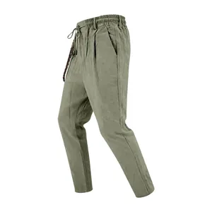 Pantalon décontracté en lin vert olive pour homme avec cordon de serrage et taille élastique