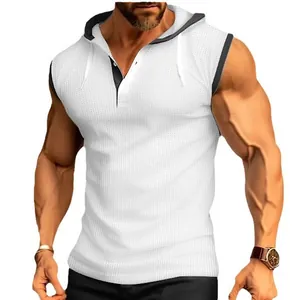 Men's athletic white mesh sleeveless hooded shirt with casual henley collar buttons