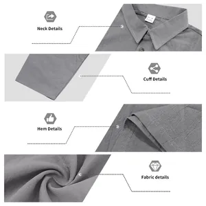 Detailed close-ups of the collar, cuffs, hem, and linen fabric of this men's polo shirt.