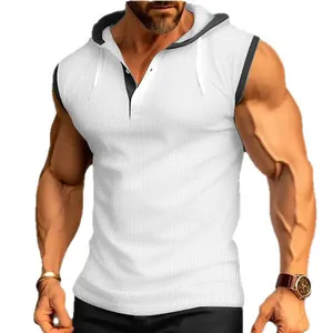 Men's white hooded sleeveless T-shirt with black trim and textured fabric