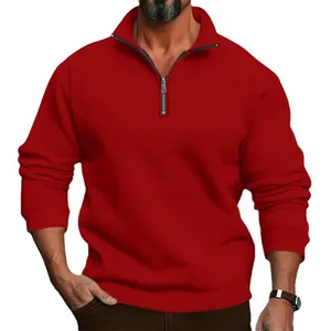 Sweat-shirt décontracté rouge à manches longues pour homme avec demi-fermeture éclair