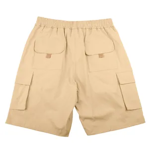 Detailed back view of men's khaki cargo shorts featuring functional large flap pockets