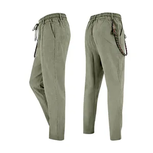 Vue latérale et arrière du pantalon décontracté en lin vert olive pour hommes.