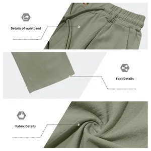 Vue détaillée du pantalon en lin respirant pour homme avec taille, ourlet et texture