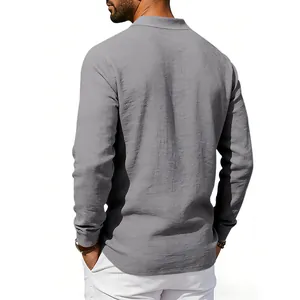 Back view of a breathable grey linen long sleeve polo shirt for men's casual wear