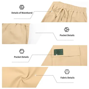 Close-up details of men's khaki cargo shorts showing waistband, pockets and fabric texture