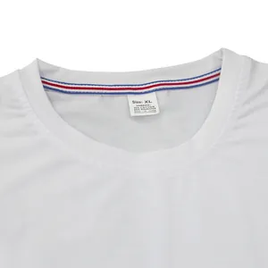 Close-up detail of a white men's crew neck T-shirt featuring its size and material tag