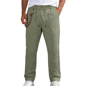 Vue détaillée d'un pantalon décontracté en lin respirant pour homme, vert sauge avec cordon