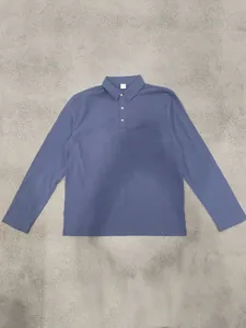 Classic navy blue men's long-sleeve linen polo shirt featuring breathable fabric detail