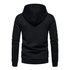 Back view of men's black hooded sweatshirt with textured jacquard quilted pattern design