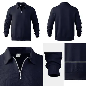Detail views of men's navy textured jacquard quarter-zip polo sweatshirt with ribbed cuffs