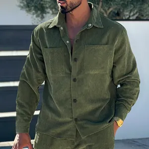 Close-up view of men's olive green corduroy long sleeve slim fit shirt with pockets