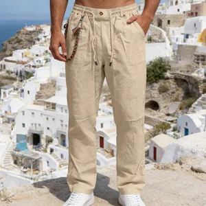 Pantalon décontracté en lin respirant pour homme en beige clair, idéal pour les vacances.