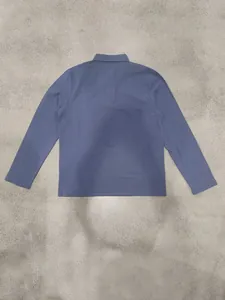 Detailed back view of a classic navy blue linen long sleeve polo shirt for men in casual style