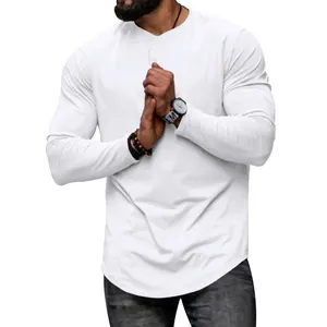 Men's Casual Long Sleeve T-Shirt Cotton Blend Round Neck Curved Hem Basic Solid Color Base Layer Top For Teens Men