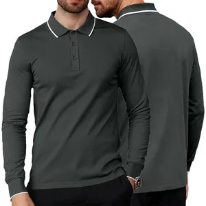Polo manches longues gris foncé pour homme avec liseré blanc au col et poignets