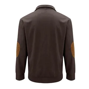Brown corduroy stand collar jacket back view showing sleeve elbow patches details.