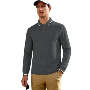Men's dark grey long-sleeved polo shirt for golf, breathable and quick-dry sport fabric.