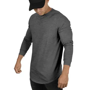 Men's casual heather grey long sleeve t-shirt with crew neck and curved hem line