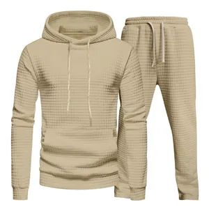 Detailed view of premium tan men's waffle texture hoodie and sweatpants two-piece set