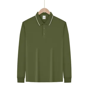 Polo à manches longues pour hommes, vert olive, séchage rapide, bordure de col blanche