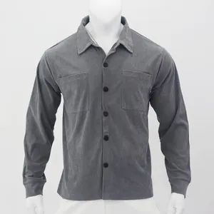 Detailed view of a premium men's grey slim fit corduroy shirt jacket with pockets