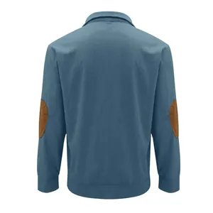 Detailed back view of men's blue corduroy sweatshirt with brown suede elbow patches