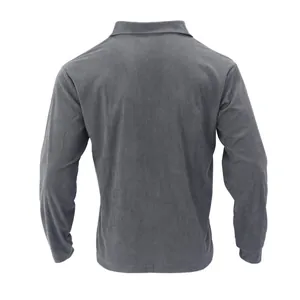 Detailed back view of a grey men's long-sleeve corduroy shirt with ribbed texture