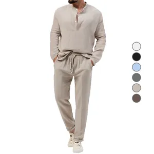 Casual beige men's linen-textured long sleeve henley shirt and matching pants set.