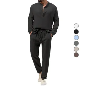 Casual men's solid 2-piece long-sleeve shirt and matching pants set in dark grey
