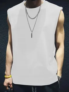 Close-up of a white quick-dry sleeveless fitness vest for men with round neck design