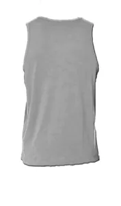 Back view of men's gray fitness tank top showing athlete racerback cut and cotton texture