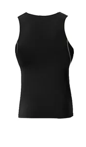 Back view detail of men's racerback gym compression tank top in solid black fabric
