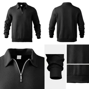Detail view of men's black long sleeve polo sweatshirt with unique jacquard texture