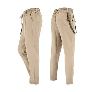 Vues détaillées avant et arrière du pantalon décontracté en lin kaki respirant pour homme