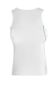 Back view of a white men's athletic racerback tank top showing smooth fabric texture