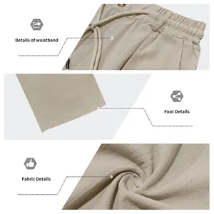 Détails macro du tissu respirant du pantalon en lin kaki et de la taille