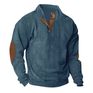 Blue corduroy men's outdoor casual long-sleeve sweatshirt featuring a stylish stand collar