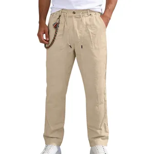 Pantalon décontracté en lin kaki pour homme avec cordon de serrage et coupe droite
