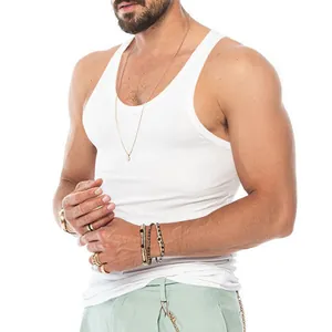 High-quality detail of men's white ribbed cotton slim fit athletic tank top for workout