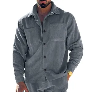 Men's slim fit corduroy casual shirt jacket with multiple pockets in grey color