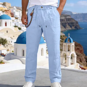 Pantalon décontracté en lin bleu clair respirant pour hommes, style plage et été