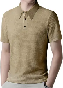 Detailed view of the textured khaki men's short-sleeved Polo shirt with buttoned collar